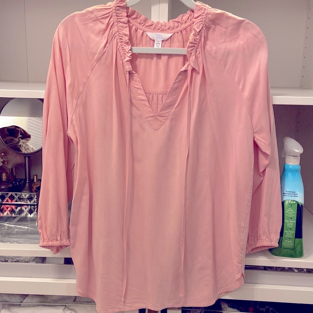 Pink tie neck, V-neck blouse